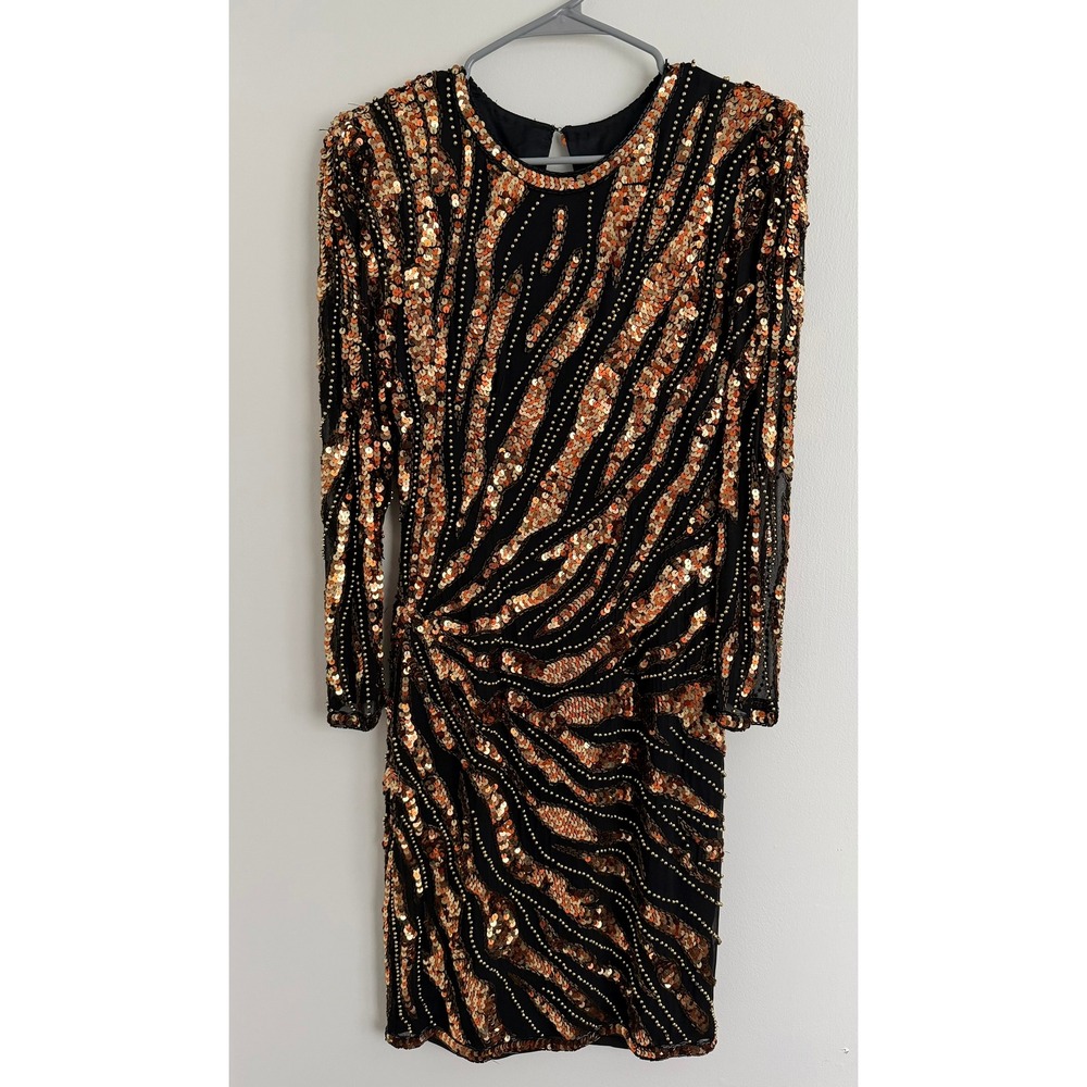 Vintage Silk Sequin Cocktail Gatsby 80's Dress Beaded Gold Black Small